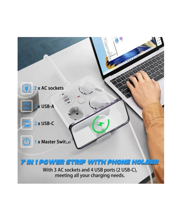 Akım Korumalı Anahtarlı Priz - 3x Priz - 2x Usb - 2x Type-c - 2 Mt Kablo Hızlı Şarj Özellikli Siyah