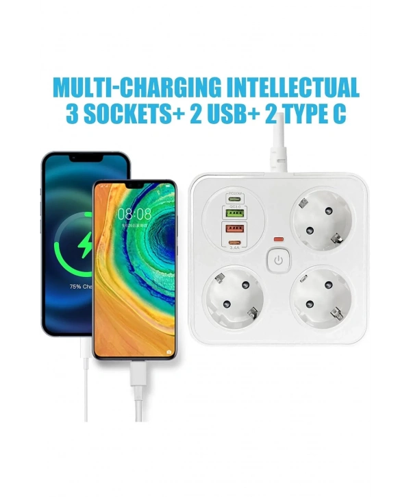 Akım Korumalı Anahtarlı Priz - 3x Priz - 2x Usb - 2x Type-c - 2 Mt Kablo Hızlı Şarj Özellikli Siyah