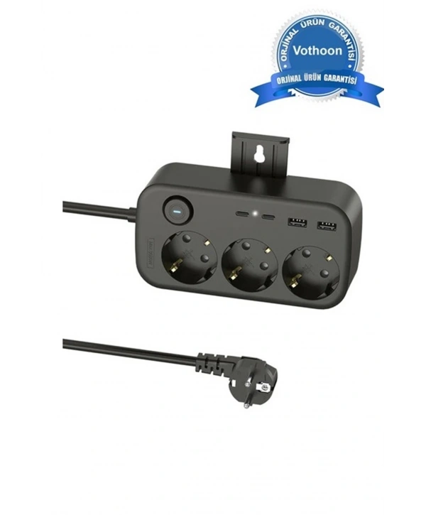 Akım Korumalı Priz 2 Usb + 2 Type-c Girişli 2 Metre Kablosu Anahtarlı Ve Duvara Monte Edilebilir