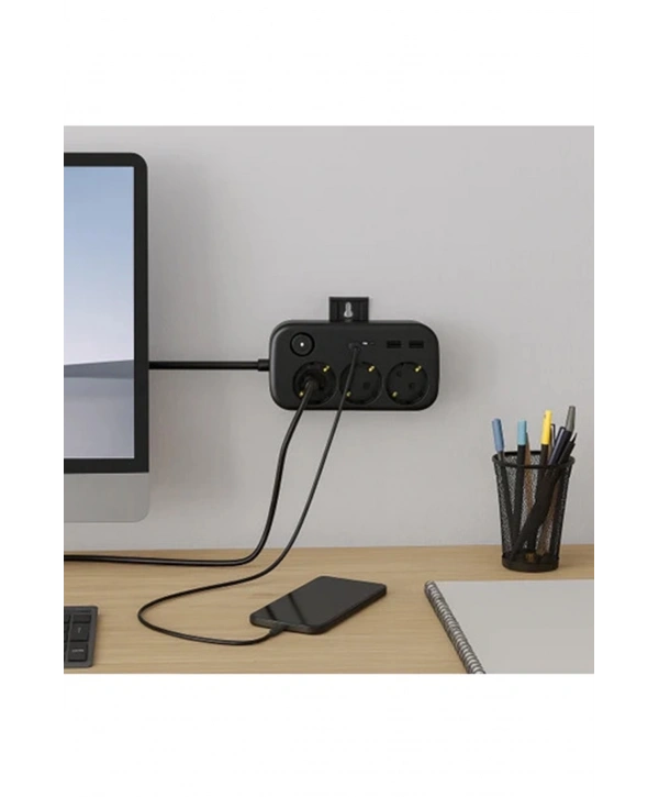 Akım Korumalı Priz 2 Usb + 2 Type-c Girişli 2 Metre Kablosu Anahtarlı Ve Duvara Monte Edilebilir