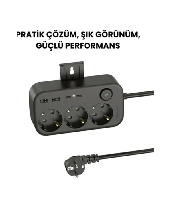 Akım Korumalı Priz 2 Usb + 2 Type-c Girişli 2 Metre Kablosu Anahtarlı Ve Duvara Monte Edilebilir