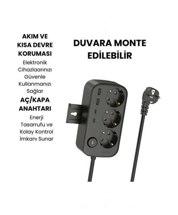 Akım Korumalı Priz 2 Usb + 2 Type-c Girişli 2 Metre Kablosu Anahtarlı Ve Duvara Monte Edilebilir