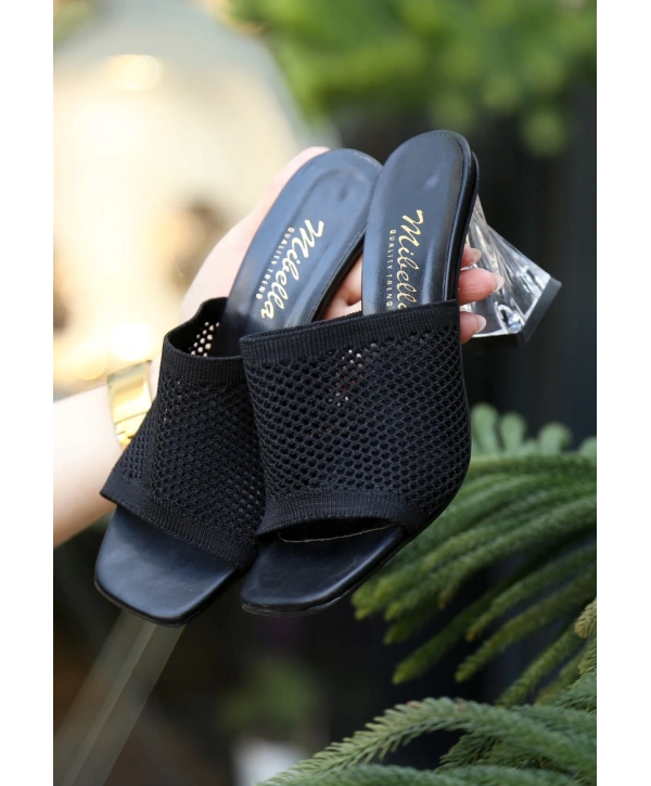 Akva Siyah Triko Şeffaf Topuklu Terlik