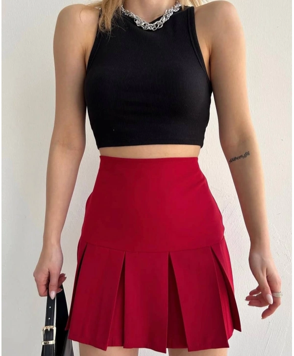 Altı geniş pileli etek bordo s24729