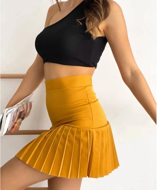 Altı pliseli mini etek hardal s24705