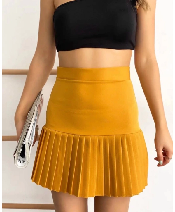 Altı pliseli mini etek hardal s24705