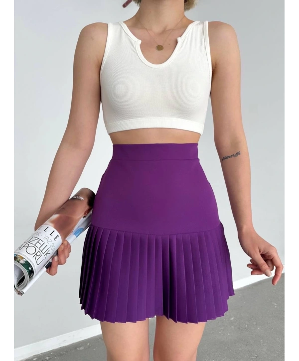 Altı pliseli mini etek Mor s24705