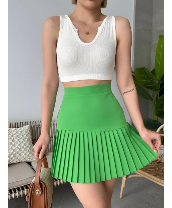 Altı pliseli mini etek yeşil s24705