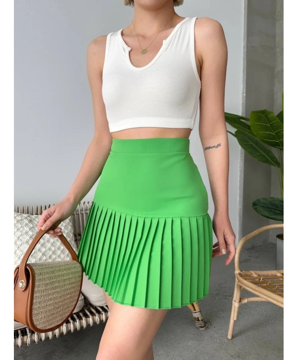 Altı pliseli mini etek yeşil s24705