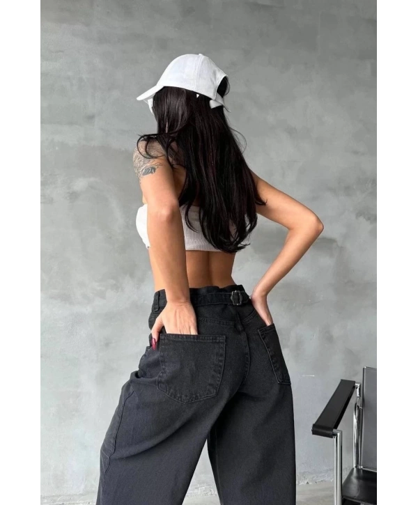 Arkadan tokalı jeans pantolon Siyah