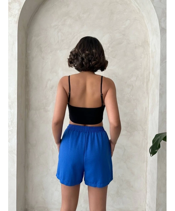 Armalı keten şort saks mavisi s251003