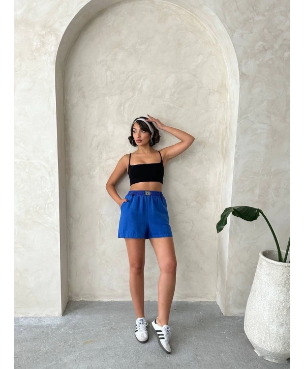 Armalı keten şort saks mavisi s251003