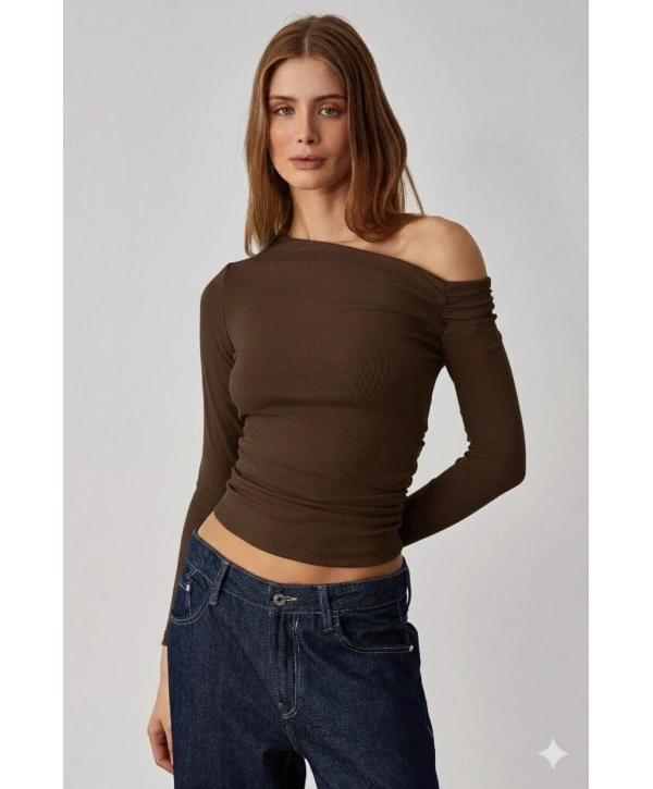 Asimetrik yaka bluz kahve pt
