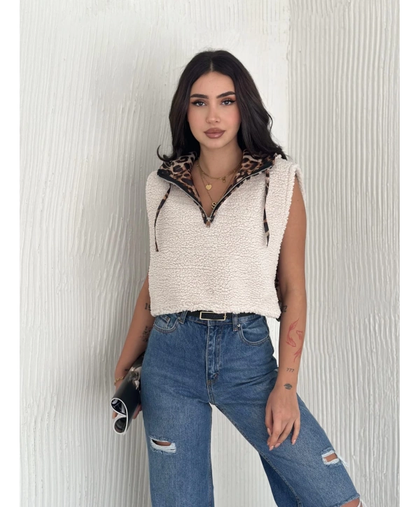 Astarlı kapşonlu kuzu yelek beyaz t1243