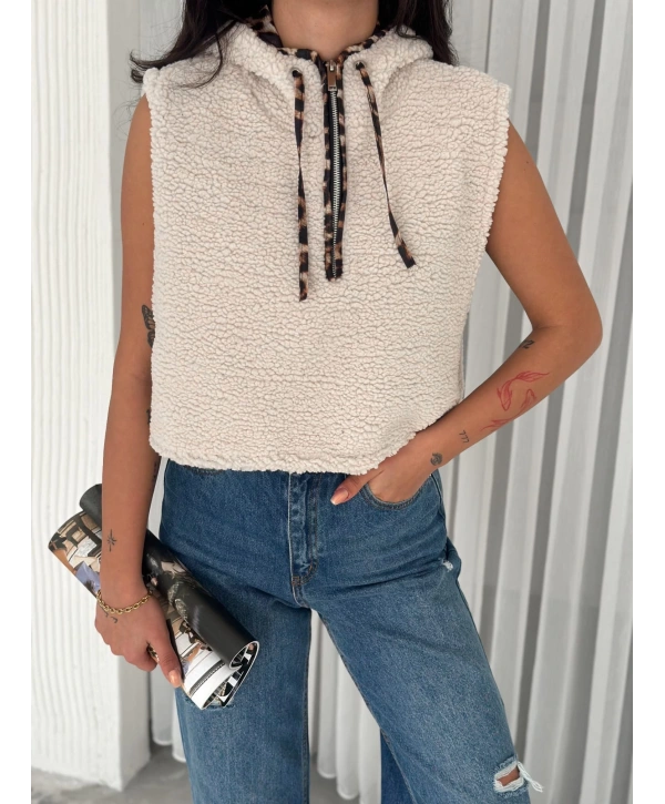 Astarlı kapşonlu kuzu yelek beyaz t1243