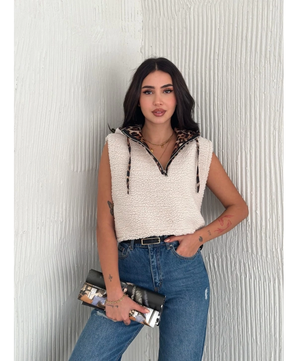 Astarlı kapşonlu kuzu yelek beyaz t1243