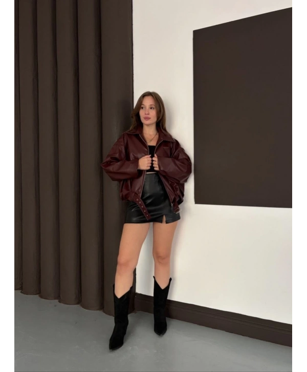 Astarlı kemerli pb deri ceket bordo onst