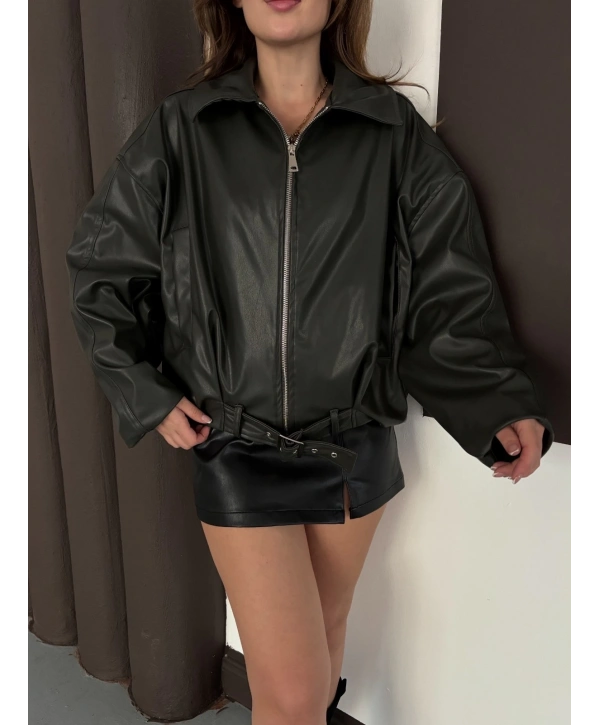 Astarlı kemerli pb deri ceket zümrüt yeşili onst