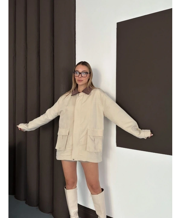 Astarlı yaka detaylı artos ceket bej st2651019