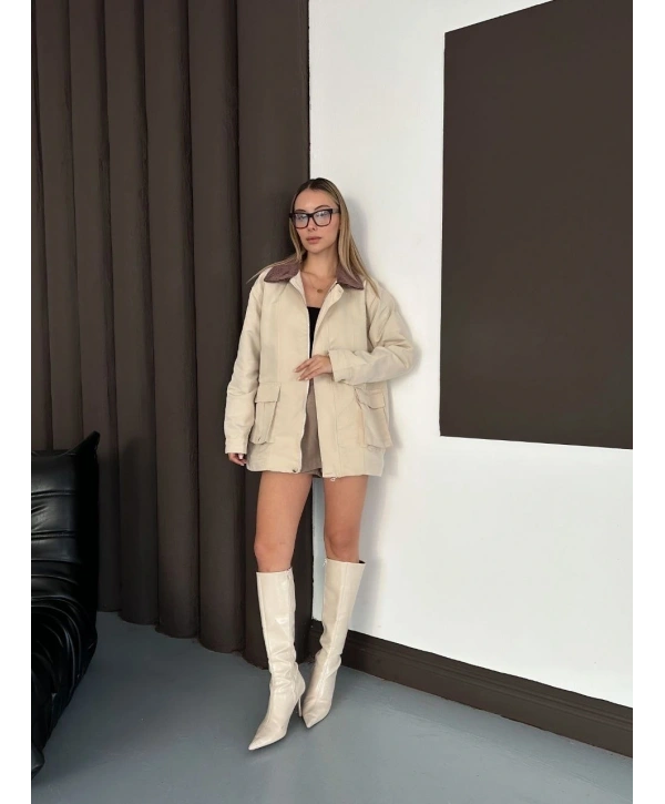 Astarlı yaka detaylı artos ceket bej st2651019