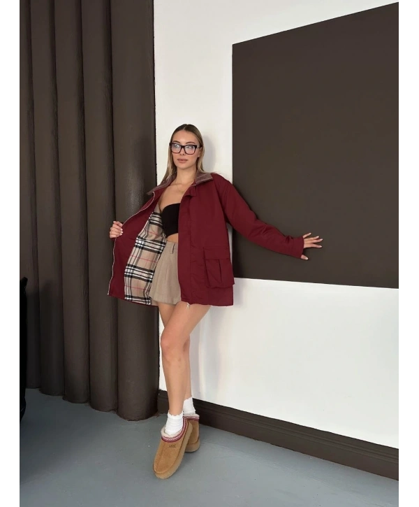 Astarlı yaka detaylı artos ceket bordo st2651019