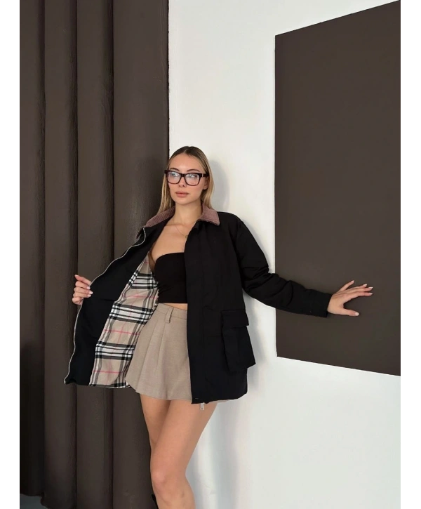 Astarlı yaka detaylı artos ceket siyah st2651019