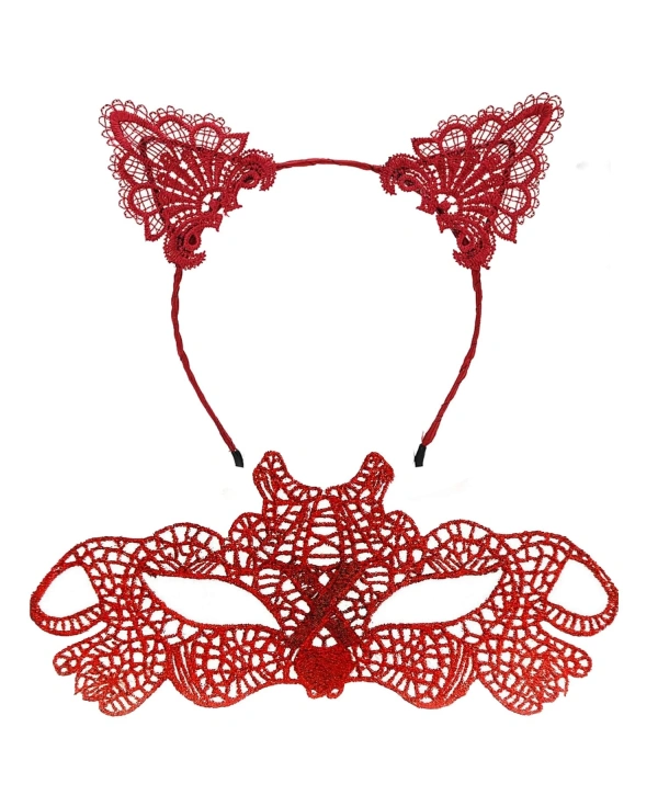 Ateş Kırmızısı Dantel Taç Ve Maske Seti 10 No - Maskeli Balo  Özel Gün Seti