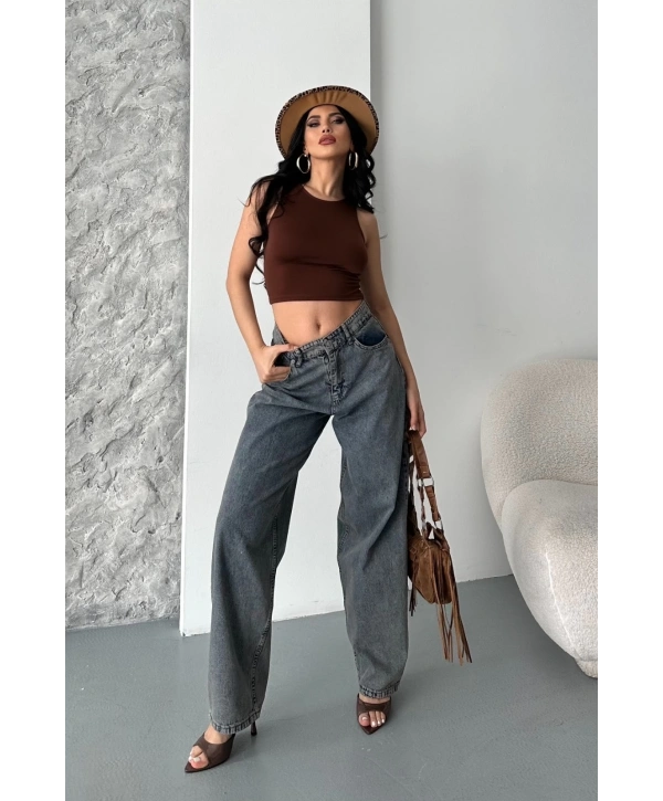 Baggy kar yıkama eskitme kahve jeans pantolon d2007