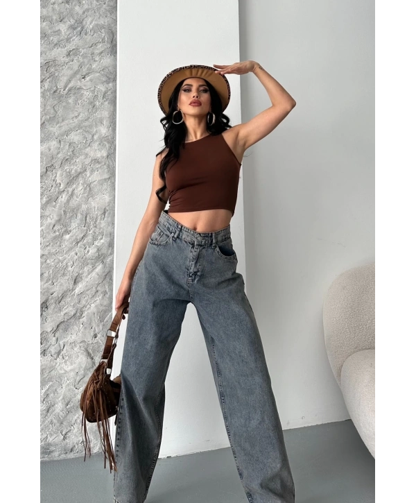 Baggy kar yıkama eskitme kahve jeans pantolon d2007