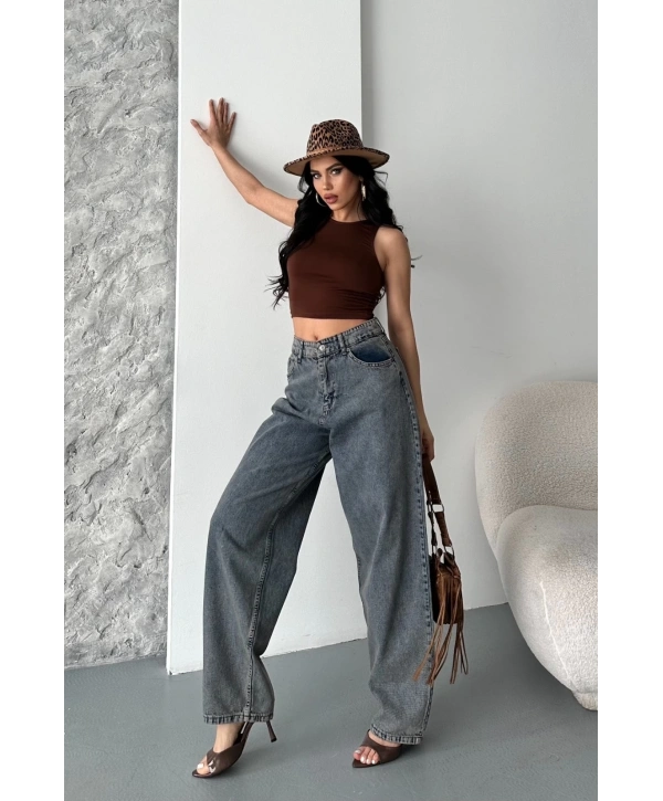 Baggy kar yıkama eskitme kahve jeans pantolon d2007