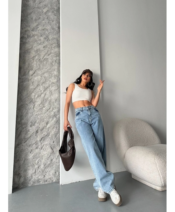 Baggy kar yıkama orta mavi jeans pantolon d2007