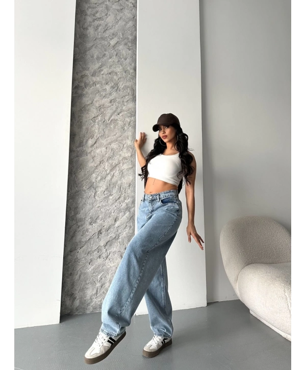 Baggy kar yıkama orta mavi jeans pantolon d2007