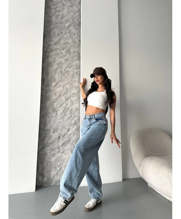 Baggy kar yıkama orta mavi jeans pantolon d2007