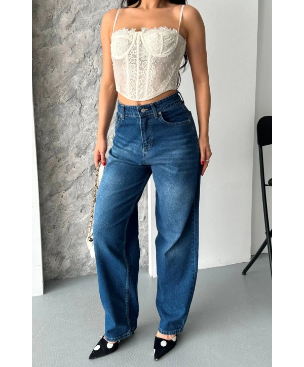 Baggy süper taş bıyık yıkama koyu mavi jeans pantolon d2007