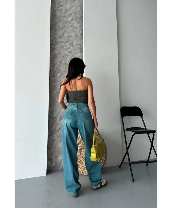 Baggy taş enzim bıyık yıkama jeans pantolon yeşil tint d2007