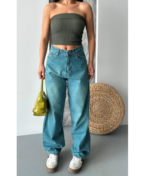 Baggy taş enzim bıyık yıkama jeans pantolon yeşil tint d2007