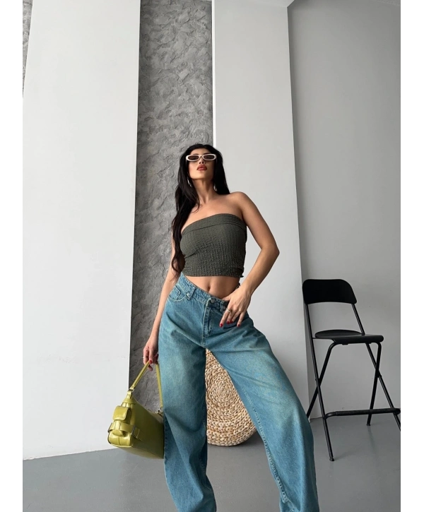 Baggy taş enzim bıyık yıkama jeans pantolon yeşil tint d2007