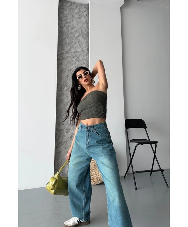 Baggy taş enzim bıyık yıkama jeans pantolon yeşil tint d2007