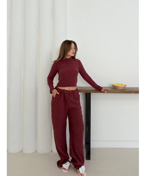 Balıkçı yaka örme takım bordo st265865