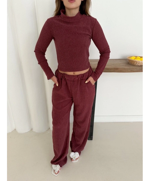 Balıkçı yaka örme takım bordo st265865