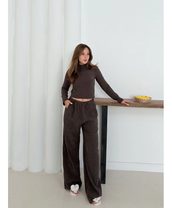 Balıkçı yaka örme takım kahve st265865