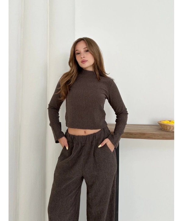 Balıkçı yaka örme takım kahve st265865