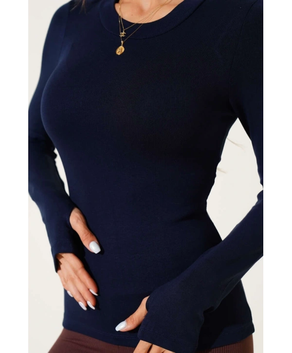 Basic Parmak Geçirme Detaylı Bluz Lacivert T4266