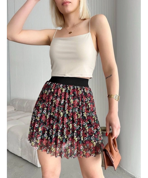 Baskılı astarlı mini etek