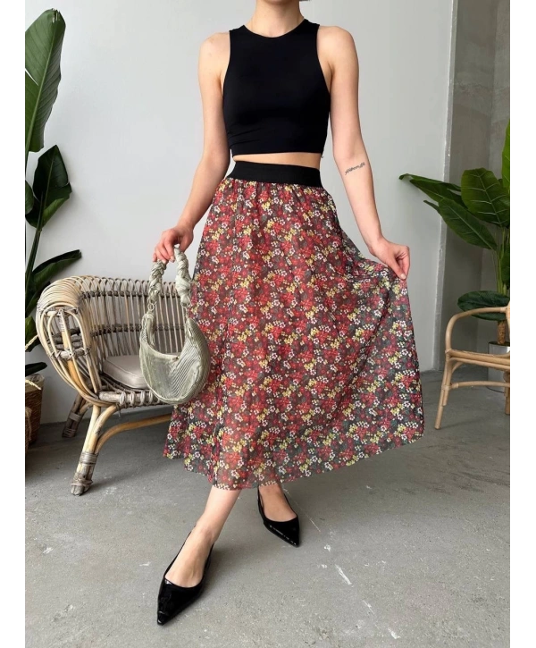 Baskılı astarlı uzun etek