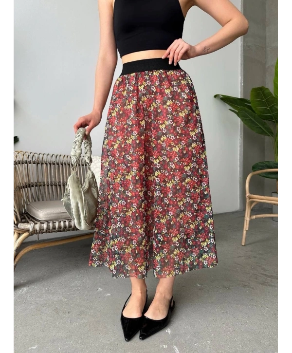 Baskılı astarlı uzun etek