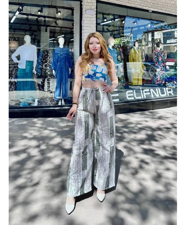 Baskılı Bağcıklı keten pantolon krem