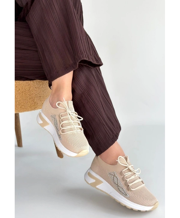 Belan Bej Triko Bağcıklı Spor Ayakkabı