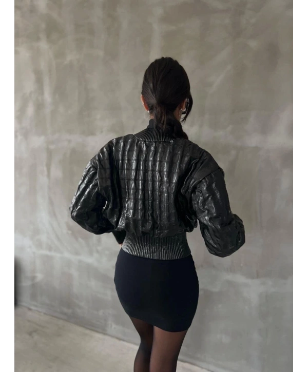 Beli büzgülü crop deri ceket siyah