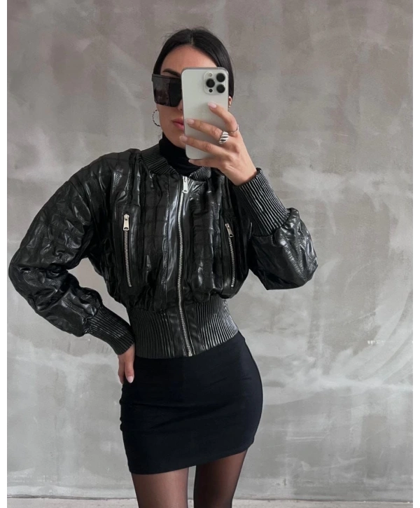 Beli büzgülü crop deri ceket siyah